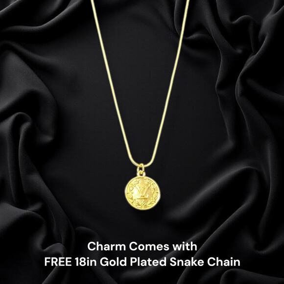 LV Gold Medallion Zipper Pull Button Charm & Free 18in Gold Plated Snake Chain - Picture 1 of 4
